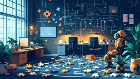 British office with computers robots puzzle pieces maze ai integration challenges