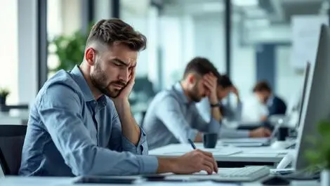 Realistic photo uk ireland office workers showing stress tiredness at desks