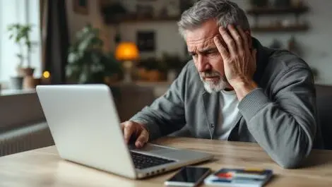 Distressed middle aged british man worried looking laptop online scam