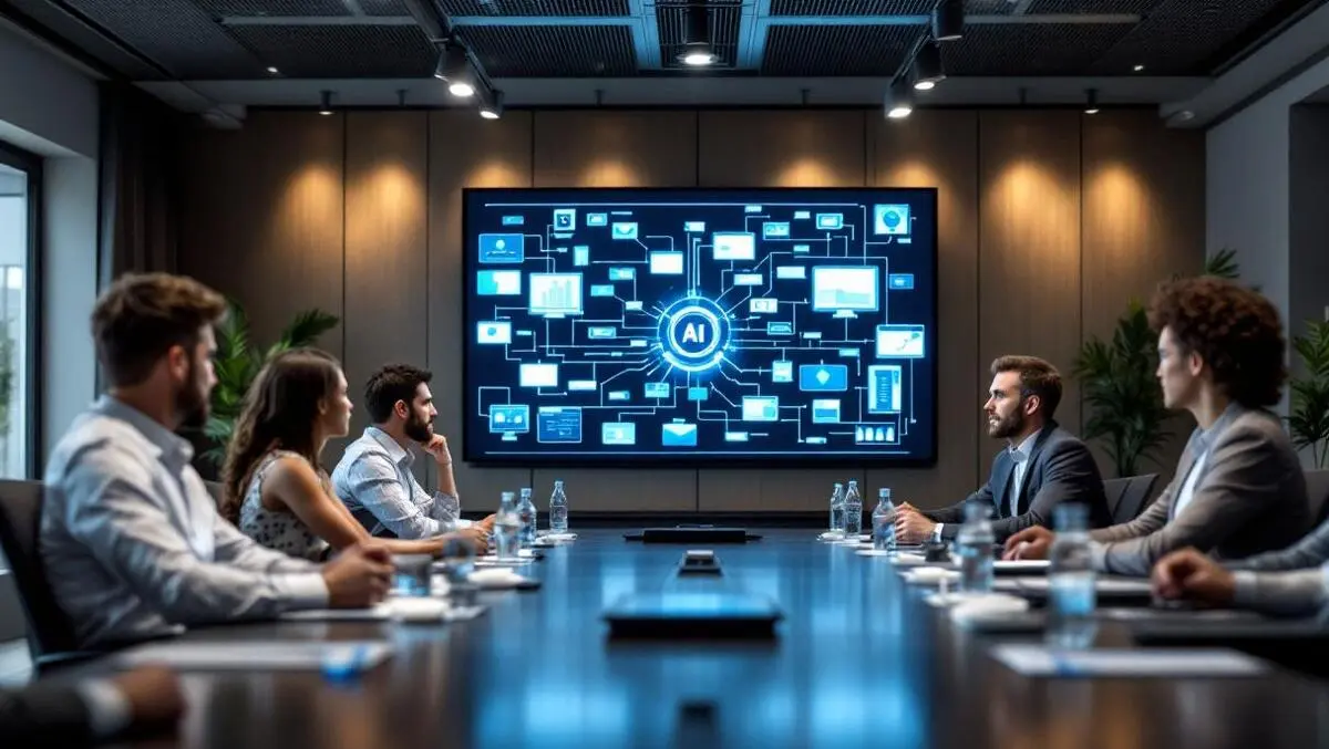 Execs it team review custom ai workflow wall screens boardroom