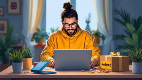 Uk online gadget shopper laptop parcels refund coins modern illustration